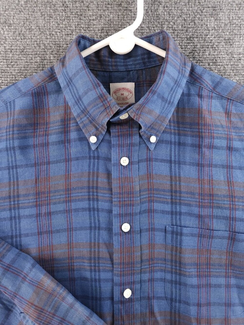 Brooks Brothers Madison Irish Linen Button-Down Plaid Blue Brown Medium Pocket